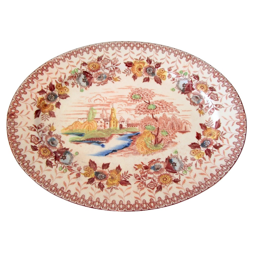 Vintage Nasco Japan Mountain Woodland Oval Platter Transferware River Scenery